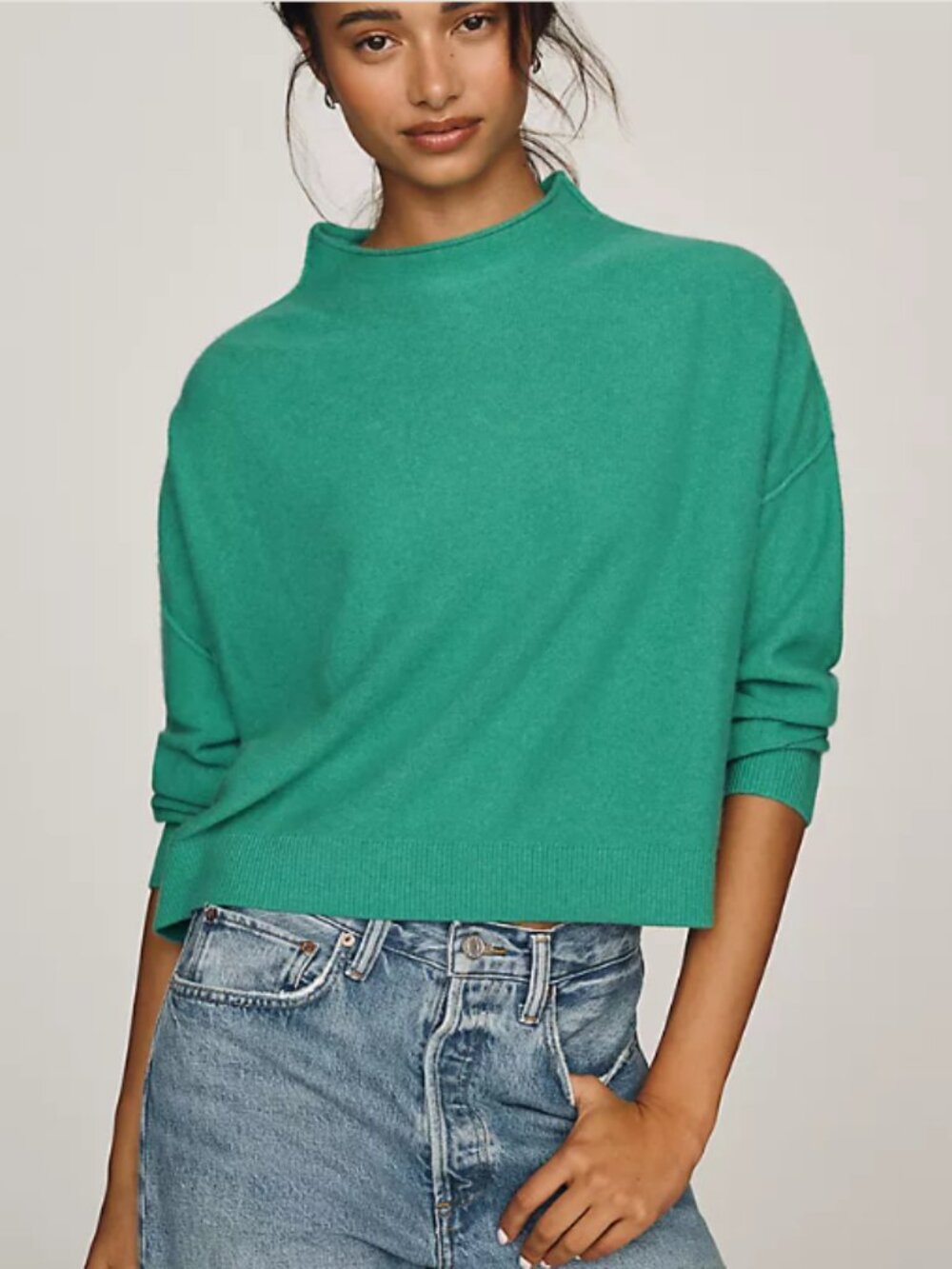 Pilcro Alani 100% Cashmere Mock Neck Sweater Green XXS Oversized